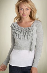 This sweater by Trouve is one that can be thrown over a tank or t-shirt to dress it it up with ruffles in both gray or black . available at Nordstroms